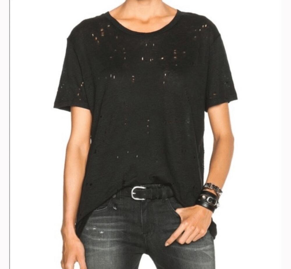 IRO Clay Black Distressed Short Sleeve Tee shirt Linen Holes Throughout Size M